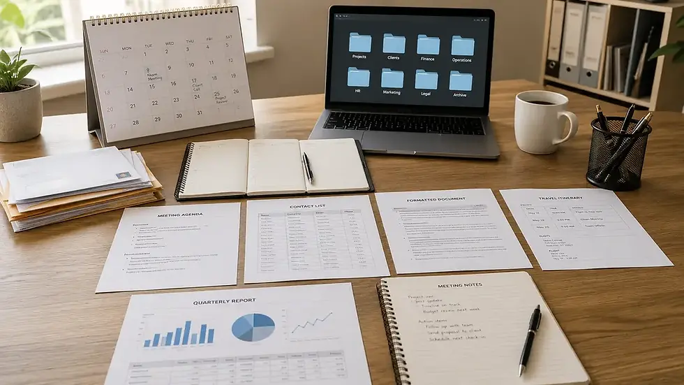 Administrative Assistant Tasks image showing calendar planning, contact lists, reports, mail, and organized office documents that help founders save time.