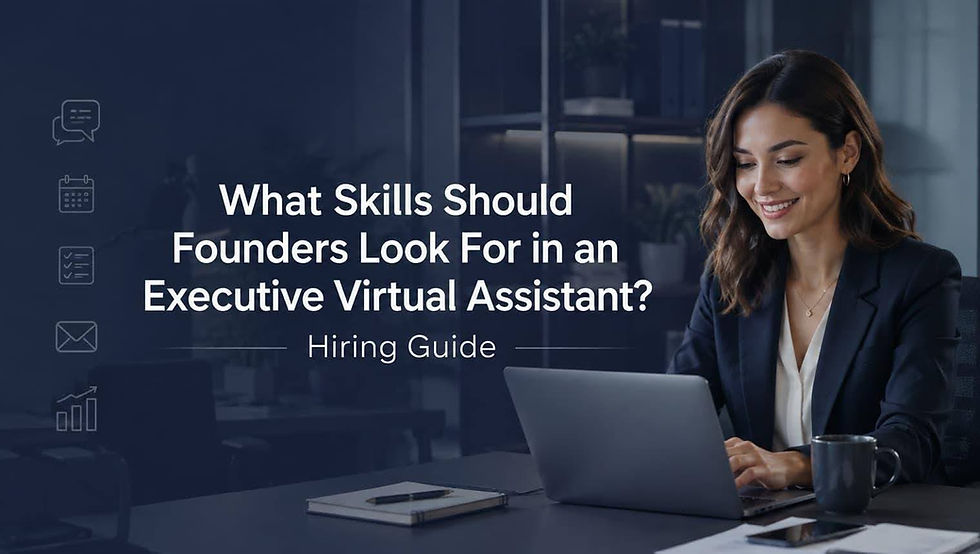 Executive virtual assistant working on a laptop beside a hiring guide on virtual assistant skills for founders.