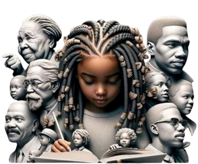 jeune fille noire, pupitre, héritage, figures noires historiques, identité afro-ascendante, mémoire.