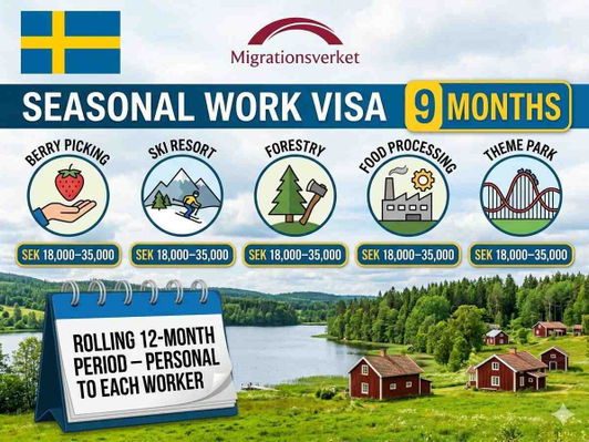 Swedish flag with seasonal work visa 2026, 9-month badge, berry picking, ski resort, forestry, and salary ranges SEK 18,000–35,000.