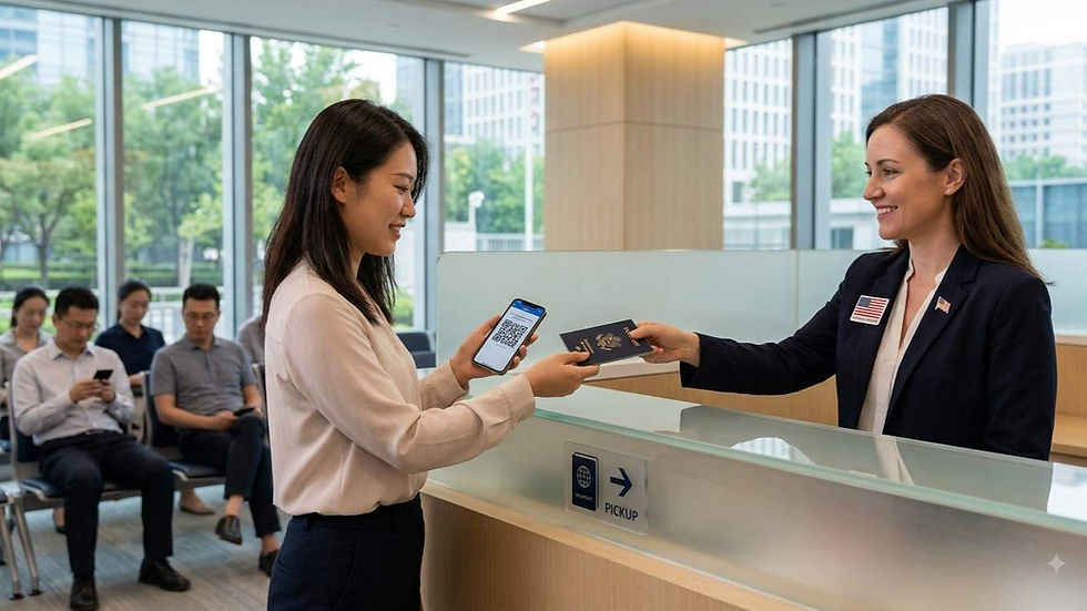 US Embassy China passport pickup appointment required 2026 – infographic showing new requirements: advance appointment needed, collection hours 9am-1pm, QR code required, collector ID must match, 30-day hold period.