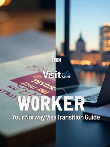 "Transition from Norway visitor visa to work permit with passport, documents, and Oslo cityscape."