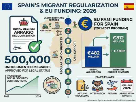 EU and Spanish flags with Berlaymont building and Royal Palace showing EU Boosts Spain's Migration Fund by €244 Million 2026 for 500,000 regularisation.