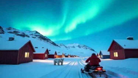 "Life in Svalbard: Visa-free Arctic living with polar bears, Northern Lights, and snow-covered mountains in Norway's remote wilderness."