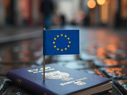 Map of Europe highlighting non-EU countries affected by 2025 visa suspension changes, with icons for migration, security, and geopolitical factors. Text: 'EU Visa Suspension Mechanism 2025.