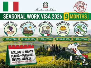 Italian flag with seasonal work visa 2026, 9-month badge, Decreto Flussi, agriculture tourism food processing icons, and salary ranges €1,200–€2,500+.