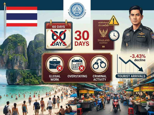 Thai flag, Ministry of Foreign Affairs logo, 60 days crossed out to 30 days, misuse icons, tourist arrivals decline graph.