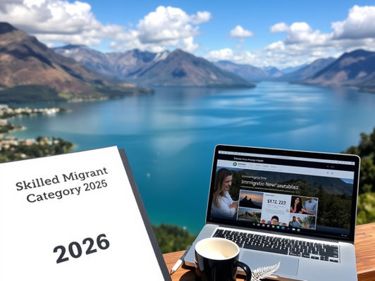 Queenstown New Zealand lake and mountains with laptop showing Skilled Migrant Category Overhaul 2026 March update guide.