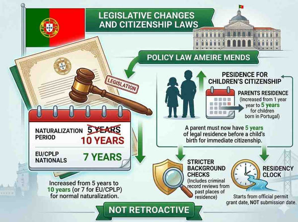 Portuguese flag, Parliament building, citizenship law document, 5 to 10 years increase, EU/CPLP 7 years, stricter background checks, not retroactive.

