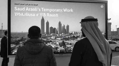 Saudi Arabia Temporary Work Visa pause infographic: Split-screen comparison of visa suspension impacts and Vision 2030 workforce goals, with compliance checklists and alternative visa options.”*