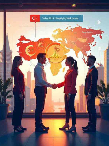 "Illustration of Turkish and foreign professionals collaborating under Turkey’s 2025 work permit policy, showcasing the 5:1 local-to-foreign worker ratio, aggregated multi-site compliance, and economic growth in tech, construction, and energy sectors."