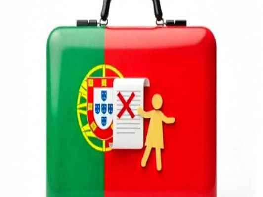 A modern graphic with a Portuguese flag background, featuring icons for skilled work, family, and regulations, with the title "Portugal's New Immigration Era."