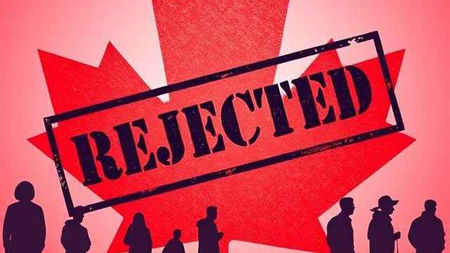 A red Canadian maple leaf stamped "REJECTED" with silhouettes of international students and workers walking away in the background. A downward-trending graph fades into white space. Minimalist design in red, white, and black tones.