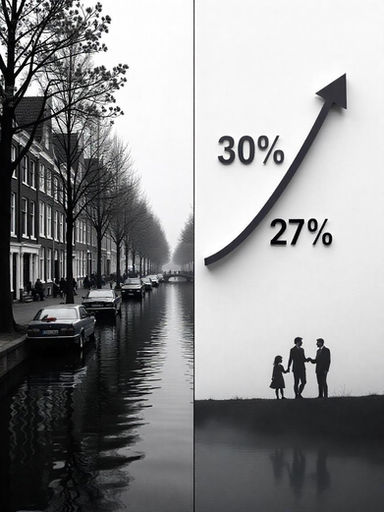 Graph showing the reduction of the Netherlands' 30% expat tax ruling to 27% alongside a blurred image of Amsterdam canal houses and international professionals, illustrating the changing tax landscape for expats.