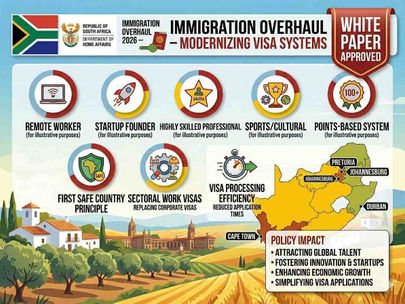 South African flag with immigration overhaul 2026, new visa categories, points-based system, and First Safe Country rule approved.