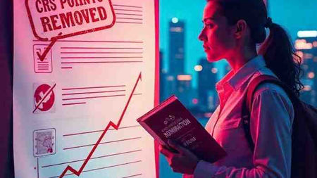 Illustration of IRCC's 2025 Express Entry CRS changes: job offer points removed, candidate studying for language tests, and PNP nomination badge. Canadian flag and skyline backdrop