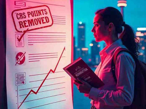 Illustration of IRCC's 2025 Express Entry CRS changes: job offer points removed, candidate studying for language tests, and PNP nomination badge. Canadian flag and skyline backdrop