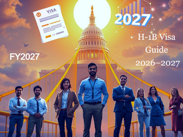 Cinematic wide-shot illustration of diverse global professionals including an Indian IT specialist, biotech engineer, and finance expert standing before a majestic golden bridge leading to the US Capitol. Glowing digital elements float above—a visa document, 3D bar graph reading FY 2027, and global network lines. Sunrise sky transitions from deep blue to warm orange. Inspirational digital art representing H-1B visa opportunities for FY 2027.