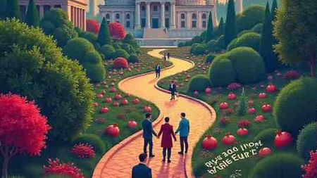 "EU-Armenia visa-free dialogue: Road with Armenian motifs leads to EU landmarks, citizens holding passports, reforms checklist, and a 2027 timeline."