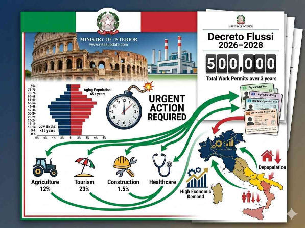 Italian flag, demographic time bomb, low births, aging population, Decreto Flussi 500,000 work permits, sector icons.
