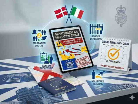 Mediterranean map with migration routes and Denmark Italy flags representing EU solidarity package demand amid Iran conflict migrant surge fears 2026.