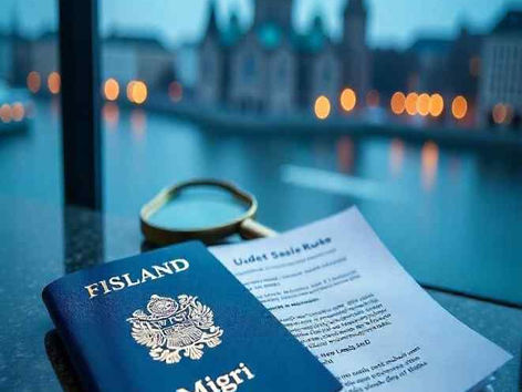 A conceptual image showing a Finnish passport next to official documents with a magnifying glass highlighting text that reads 'New Rules 2025', with a backdrop of Helsinki's cityscape.