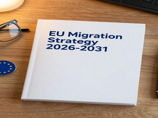 Symbolic image of an official EU document titled 'Migration Strategy 2026-2031' on a desk with an EU flag pin and glasses