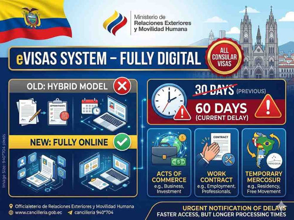 Ecuadorian flag with eVISAS fully digital banner, 30 to 60 day delay, and affected visa icons.