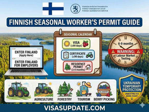 Finnish flag, Migri logo, seasonal work permits, visa, certificate, residence permit, Enter Finland portal, berry picking.
