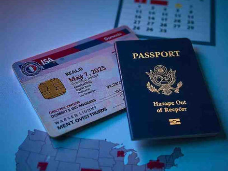 REAL ID requirements for domestic flights 2025 USA: Compliant ID card, passport, airplane, and calendar showing May 7, 2025 deadline