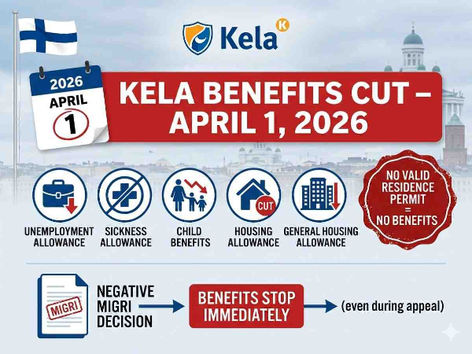 Finnish flag with Kela logo, benefits cut April 1 2026, showing unemployment, sickness, child, housing benefits stopped without valid residence permit.