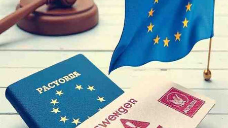 EU Schengen Visa Suspension Mechanism concept: Passport with visa stamp, EU flag, warning icon, and migration data graph, representing updated 2025 visa policy reforms.