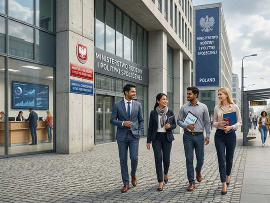 Poland work permits 2025 record 251525 non-EU – infographic showing top nationalities (Colombia 37,337, Philippines 29,576, India 29,524), 80.9% male, 50% under 35, regional processing times from under 1 month to over 6 months.