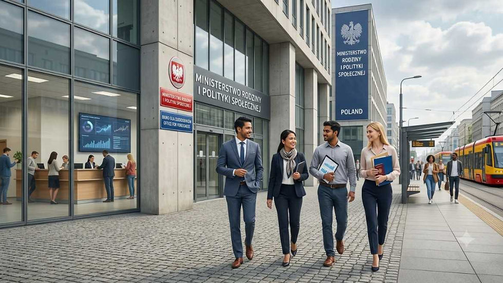 Poland work permits 2025 record 251525 non-EU – infographic showing top nationalities (Colombia 37,337, Philippines 29,576, India 29,524), 80.9% male, 50% under 35, regional processing times from under 1 month to over 6 months.