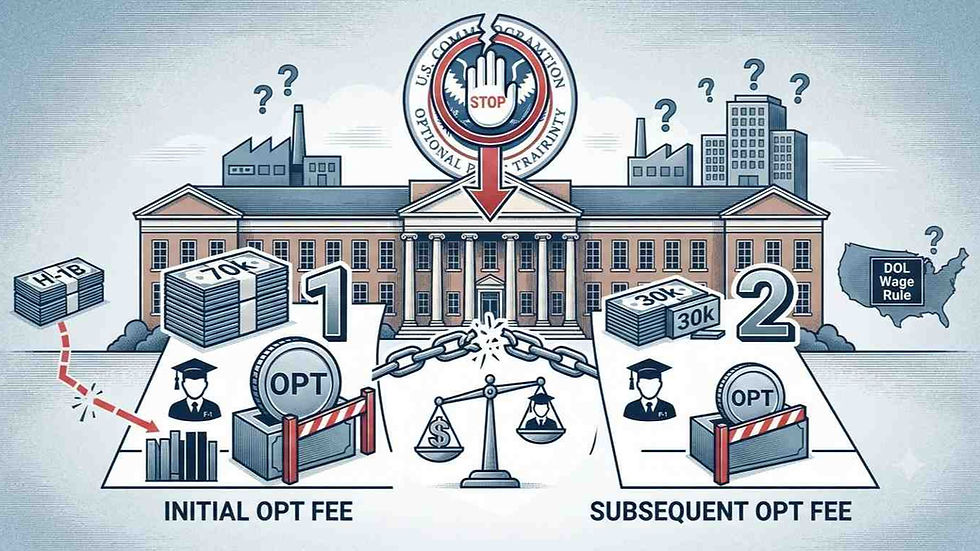 Infographic showing DHS proposed OPT fees: $70,000 for initial recommendations and $30,000 for subsequent periods, paid by universities with costs potentially passed to students or employers.
