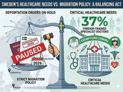 Sweden migration documents paused with healthcare icons showing Sweden U-Turn on Migration pauses deportations of foreign healthcare workers 2026.