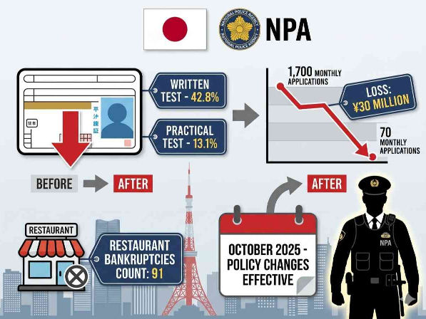 Japanese flag, driver’s license with 42.8% and 13.1% pass rates, Business Manager visa applications drop from 1,700 to 70, ¥30M capital, 91 restaurant bankruptcies.

