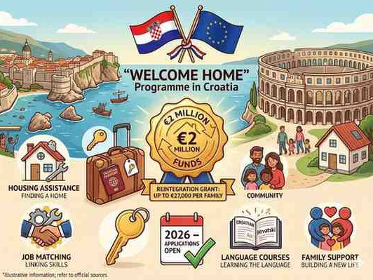 Croatian and EU flags with Dubrovnik Old Town backdrop showing Croatia's €2 Million Welcome Home Programme 2026 for diaspora return.