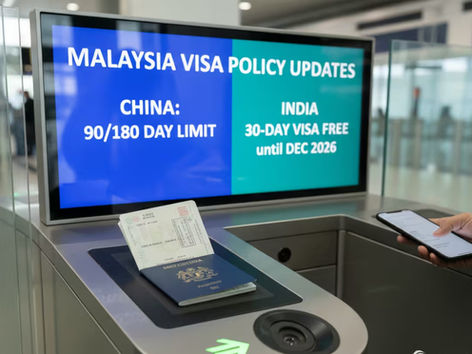 Malaysia visa exemption update February 2026 showing immigration checkpoint with passport and 90-day cumulative stay limit for Chinese nationals, while Indian nationals retain 30-day visa-free access.