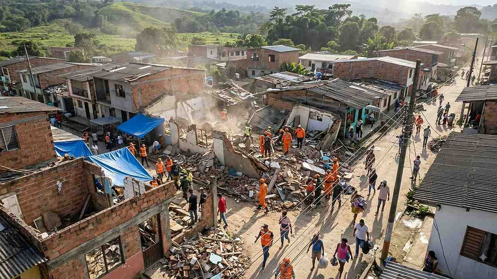 Colombia earthquake immigration services suspended 2026 – infographic showing 7.4 magnitude quake, 110+ dead, seven affected immigration offices, six closed airports, and state of disaster declared.