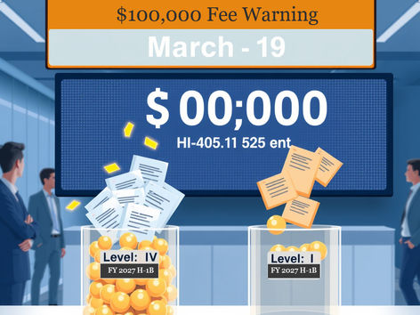 Infographic illustration showing the FY 2027 H-1B weighted lottery system where Level IV salary offers receive four entries versus Level I receiving one entry, with a $100,000 consular fee warning and March 19 deadline countdown.