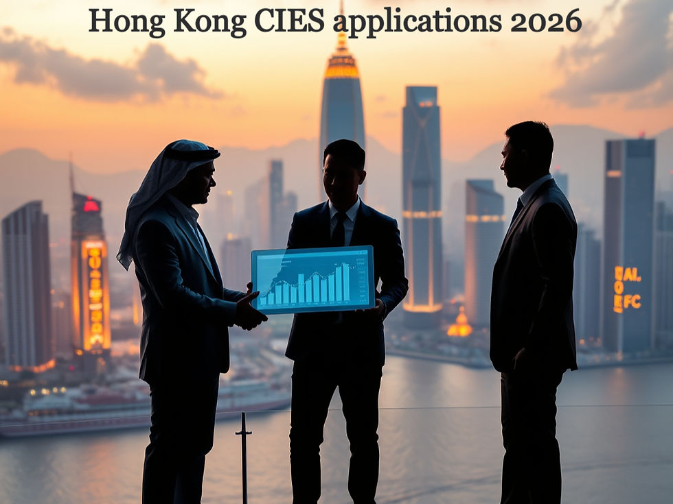 Diverse group of high-net-worth investors from Mainland China, Southeast Asia, and the Middle East reviewing financial data overlooking the Hong Kong skyline, representing the 2026 CIES investment boom.