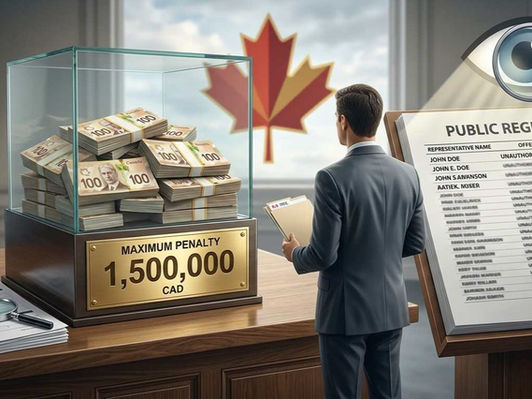 Infographic showing Canada's new immigration representative penalties: CAD 5,000 for unauthorised advice, CAD 15,000 for false information, and an aggregate maximum of CAD 1.5 million, effective 28 October 2026.