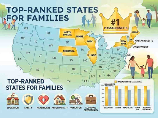 US map highlighting top family-friendly states with Massachusetts #1 crown, icons for education, safety, healthcare, affordability, and family fun.