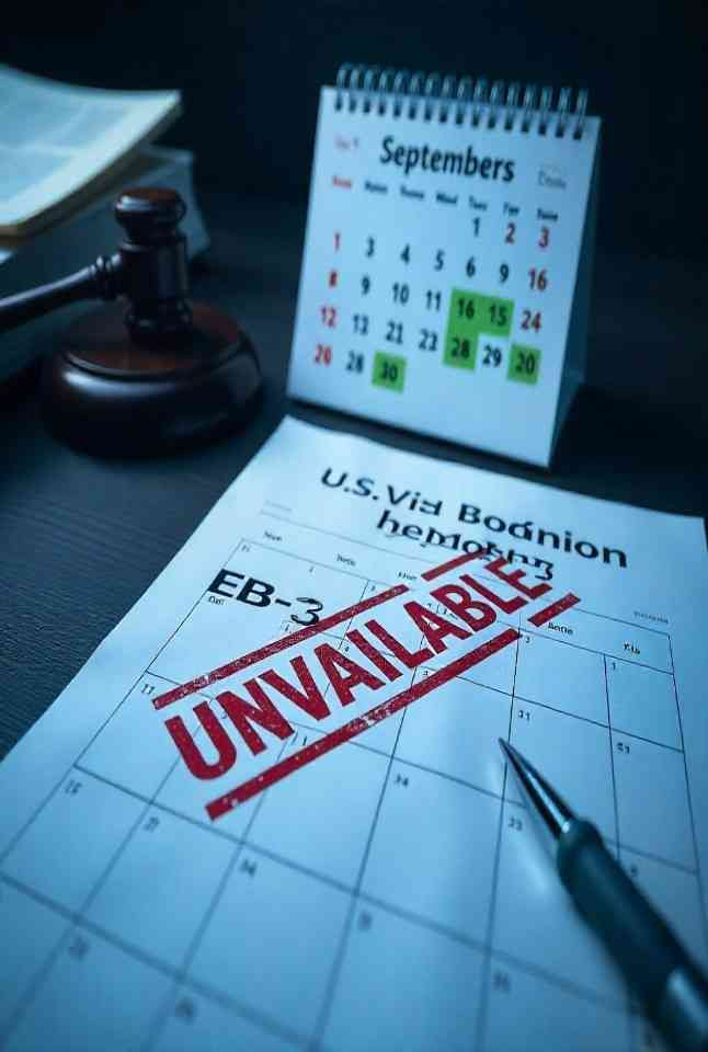 Close-up of a U.S. Visa Bulletin document with an 'Unavailable' stamp on the EB-3 category, symbolizing the visa exhaustion for FY 2025.