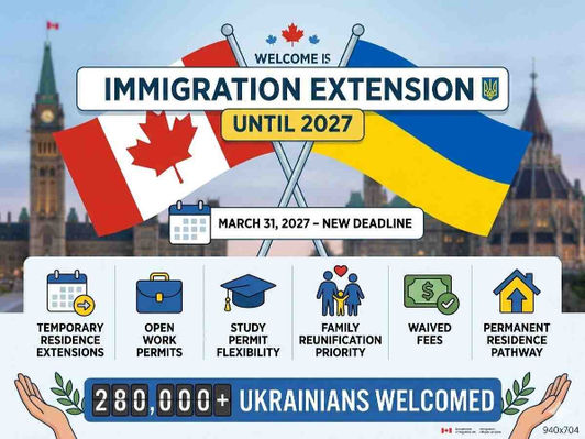 Canadian and Ukrainian flags crossed, immigration extension until 2027, 280,000+ Ukrainians welcomed, and key benefits icons.