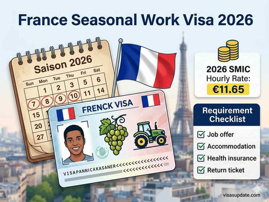 France Seasonal Work Visa 2026 guide showing Visa Saisonnier requirements, SMIC updates, and Talent Passport information for seasonal workers in agriculture and hospitality.