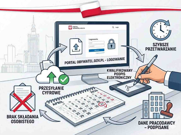 Polish flag, computer screen with government portal, digital pen, calendar April 27, 2026, cloud upload, employer signature, no mail icon, Warsaw skyline.

