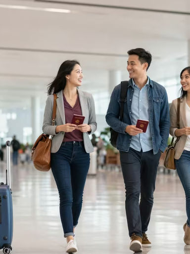 UK and Canadian passport holders smiling at a Chinese airport arrival hall under a digital sign advertising the China visa-free entry policy launching in 2026.