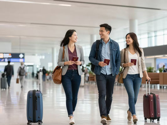 UK and Canadian passport holders smiling at a Chinese airport arrival hall under a digital sign advertising the China visa-free entry policy launching in 2026.